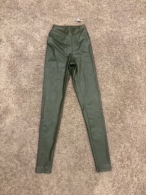 High-Waist Faux Leather Leggings - Olive Green